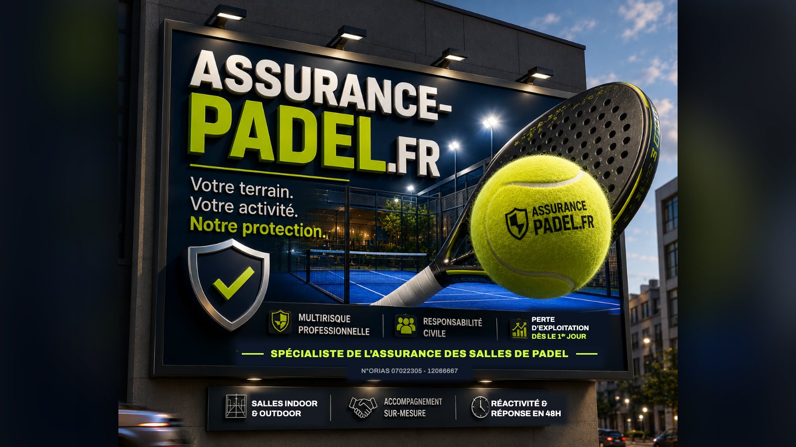 Panneau publicitaire assurance-padel.fr : raquette et balle de padel devant un court bleu — multirisque professionnelle, responsabilité civile, perte d'exploitation dès le 1er jour, spécialiste de l'assurance des salles de padel